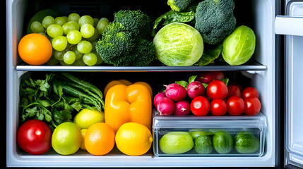open fridge with fresh fruits and vegetables. refrigerator with healthy food