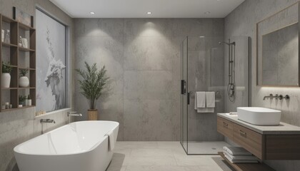 Relax in a modern spa bathroom with freestanding tub and shower