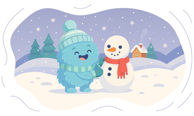 Cute Fluffy Winter Monster Building Snowman in Christmas and New Year Cartoon Illustration
