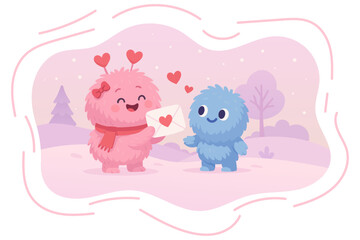 Cute Fluffy Monsters with Valentine Letter and Hearts in Love Holiday Cartoon Scene