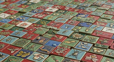 Naklejka premium Colorful Ceramic Tile Mosaic: Insects, Flowers, and Nature's Delight.