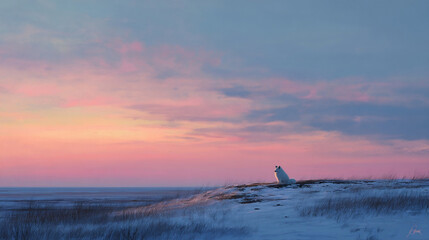 Fototapeta premium Tranquil Cat On Snowy Dune At Dawn With Pastel Sunset Sky And Quiet Horizon