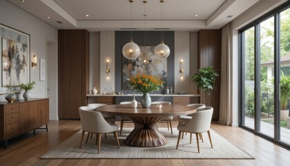 Elegant dining room interior bathed in natural light, modern style