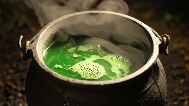 Mysterious bubbling green potion simmers in an ancient cauldron emitting ethereal steam, evoking magic and alchemy