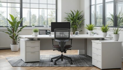 Modern office interior with ergonomic chair and green plants