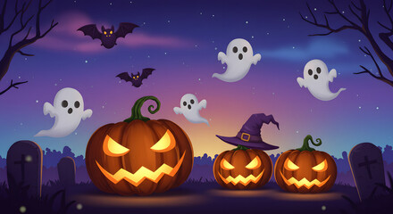 Spooky Halloween Night with Pumpkins and Ghosts