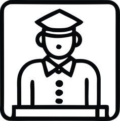 Simple line art icon of a person in uniform with a hat and bow tie representing security or official personnel