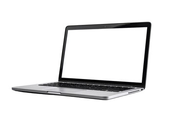 A laptop with a white screen sits on a table. The laptop is open and ready to use, png
