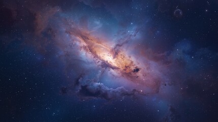 Fototapeta premium A cosmic landscape showing a swirling galaxy with radiant nebula clouds in shades of teal, magenta, and violet.