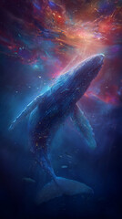 Fototapeta premium Epic Underwater Humpback Whale Soaring Through Colorful Cosmic Ocean Scene, Dreamlike Nebula Light