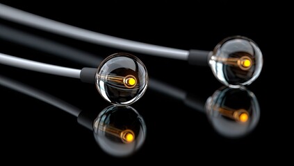 Glowing fiber optic cables on a dark reflective surface