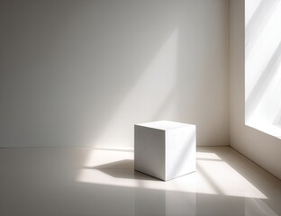 Cube in bright corner, white room, sunlit