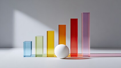 Colorful bars show growth, next to white sphere on gray