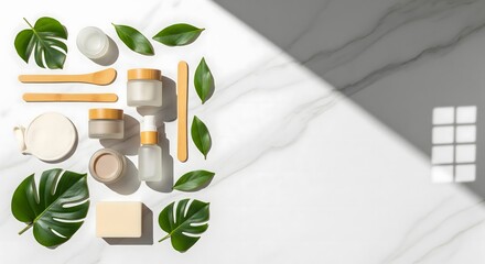 Flat lay of skincare products with leaves and wooden tools on a white marble background with shadows