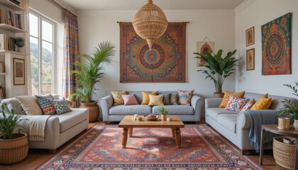 Bohemian living room with colorful rug and eclectic decor items