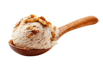 A spoonful of ice cream with walnuts on top. The spoon is wooden and the ice cream is creamy and smooth, png