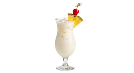 cocktail pina colada served in a tall glass with cherry and pineapple garnish on a transparent background