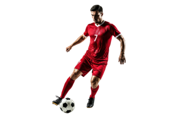 Professional soccer player in red jersey dribbling a ball