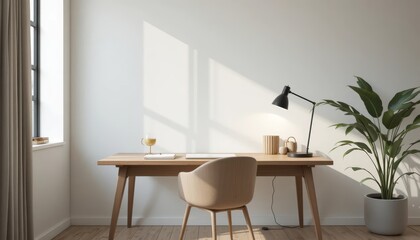 Stylish home office setup with modern desk and natural sunlight