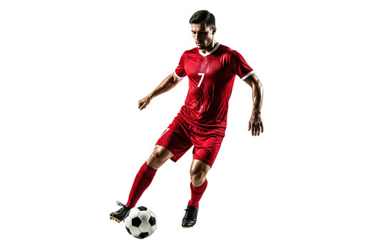 Professional soccer player in red jersey dribbling a ball - Powered by Adobe