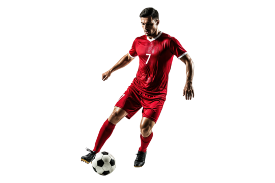 Professional soccer player in red jersey dribbling a ball