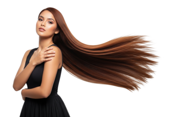 Brunette woman with very long, straight and shiny brown hair