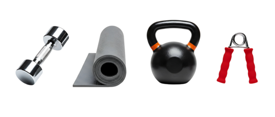 Essential fitness equipment for strength training with dumbbell, kettlebell, mat, and hand gripper. Isolated on transparent background, png