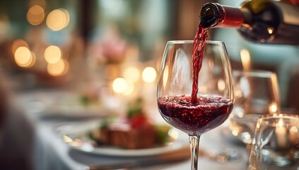 Savoring the moment as rich red wine elegantly cascades into a crystal glass, creating a luxurious ambiance for intimate dining and celebration