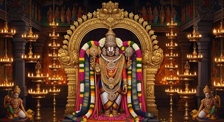 Obraz premium Colorful Hindu Deity Statue in Ornate Temple with Glowing Lamps and Intricate Wall Art