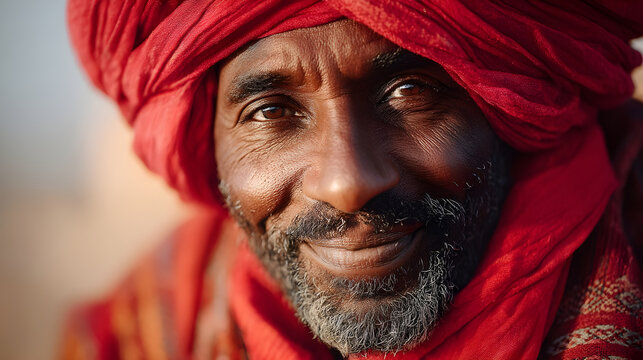 African man wearing vibrant red turban with warm smile in natural outdoor setting - Powered by Adobe