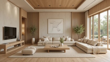 Serene living room interior design with wood accents and soft light