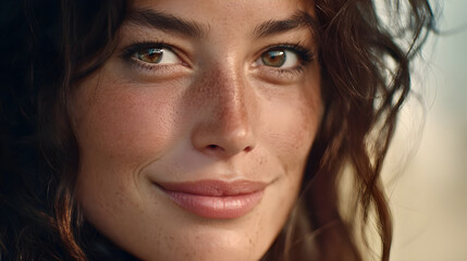 Fototapeta premium Beautiful young woman with curly hair and freckles smiling warmly in natural light setting