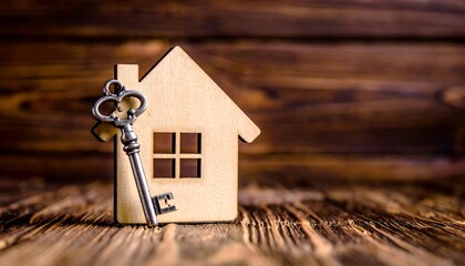Wooden house model with key on rustic wood