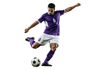 Soccer player in a purple uniform kicking a ball