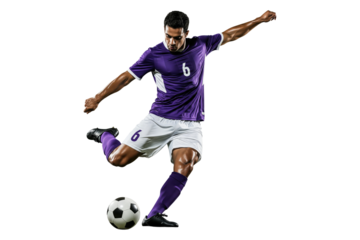 Soccer player in a purple uniform kicking a ball