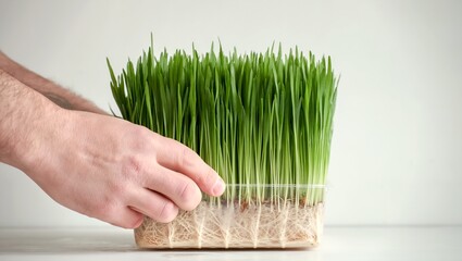 Person's hands holding a healthy growing wheatgrass bunch on a bright background