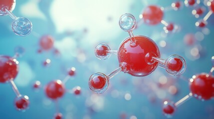 Red and transparent molecular structure on blue background, science concept of chemistry, atom and biology