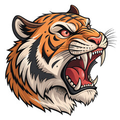 Obraz premium Angry Tiger Cartoon Animal Head Vector Illustration – Fierce Wild Animal Mascot Logo, SVG Clipart for Sticker or T-shirt Design