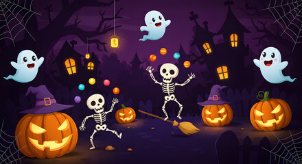 Fototapeta premium Cartoon Halloween Night with Skeletons and Ghosts