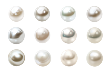 A set of pearl balls in various sizes and colors. The pearls are all white and have a shiny, reflective surface. Concept of luxury and elegance, png