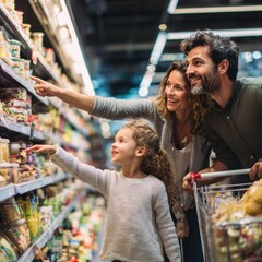 Happy family with child shopping in supermarket together choosing food symbolizing love unity care and lifestyle