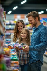 Family with child shopping in supermarket choosing food together symbolizing love unity joy and lifestyle
