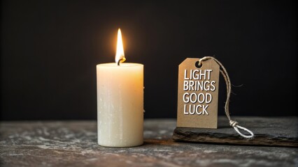 A bright candle flame burning near a tag saying Light Brings Good Luck