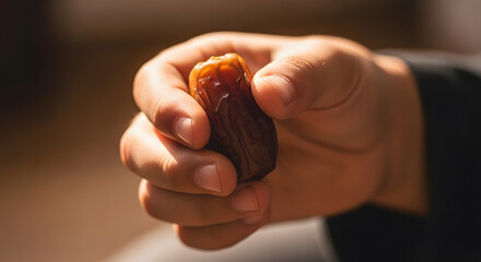 A person's hand holding a single, ripe, and delicious date fruit, close-up view.