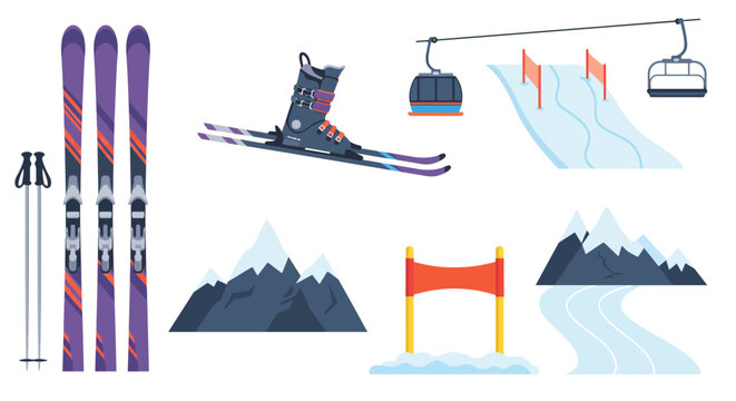 Collection of flatstyle vector icons related to skiing and winter sports