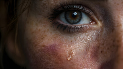 Naklejka premium Close-up of a distressed woman with tear-streaked face expressing deep emotional pain and vulnerability