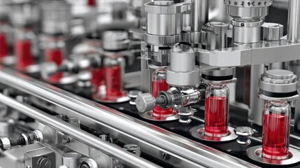 A photorealistic and high-resolution image showing a sterile, fully automated production line in a factory. Rows of vials containing a brightly colored red liquid are moving along a conveyor belt whil