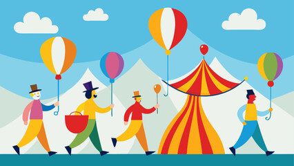People walking to the circus with balloons
