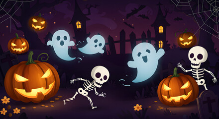 Cartoon Halloween Scene with Pumpkins and Ghosts