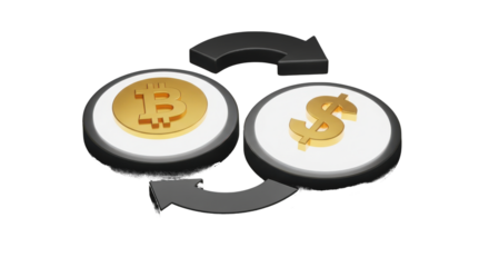 Bitcoin and Dollar symbols with exchange arrows isolated on a transparent background currency